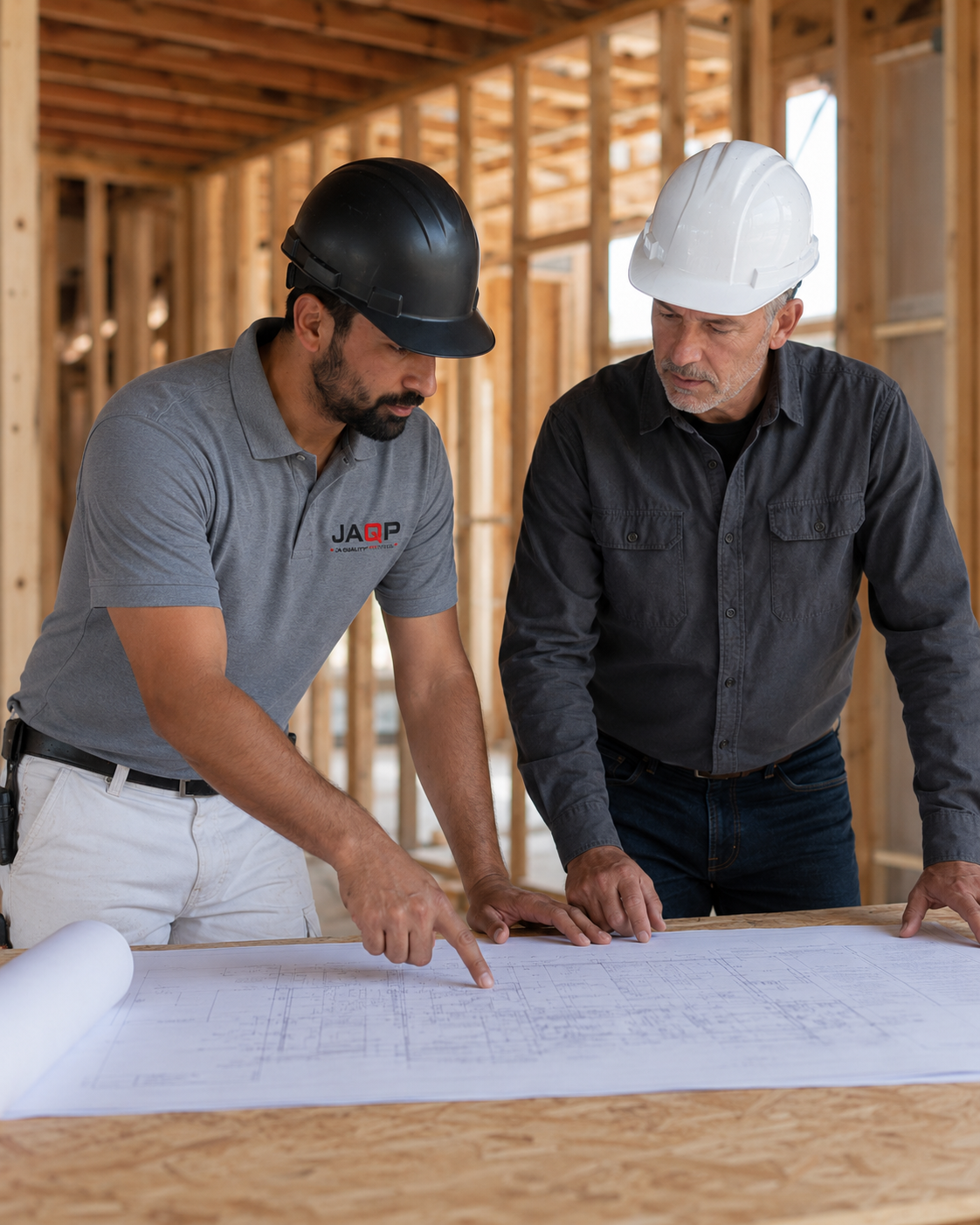 JAQP team reviewing blueprints on site for precise execution