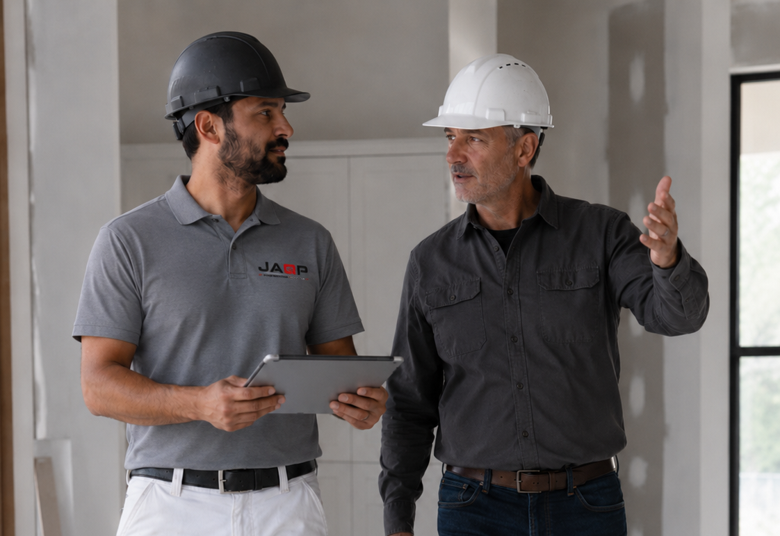 JAQP Construction Services project manager and superintendent walking through a jobsite