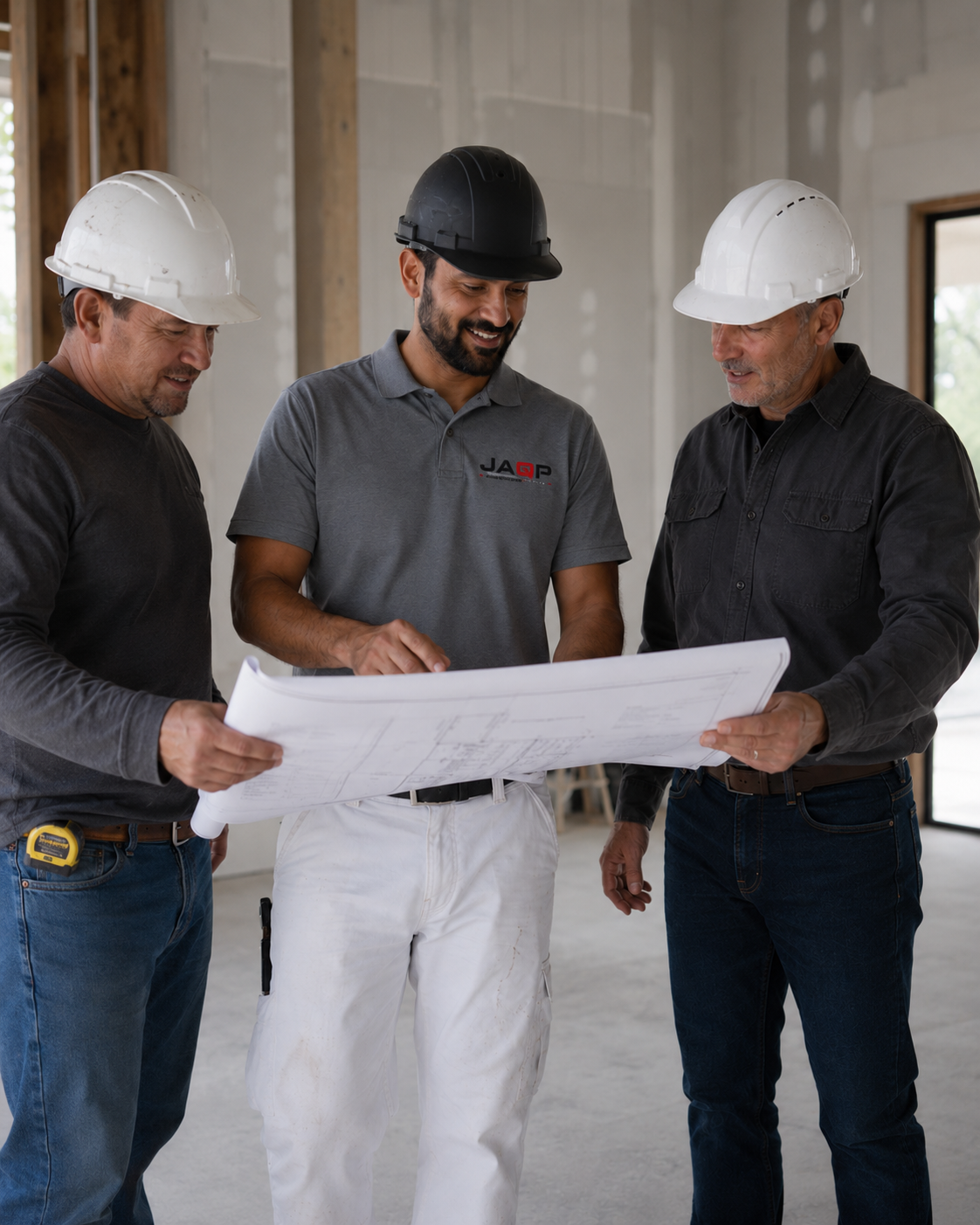 JAQP team collaborating with builder partners reviewing project plans